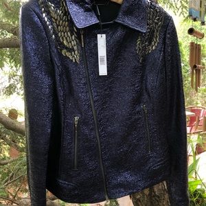 Tahari Embossed Lamb Leather Embellished Jacket
